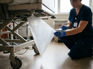 Midwife checks a calibrated collection drape